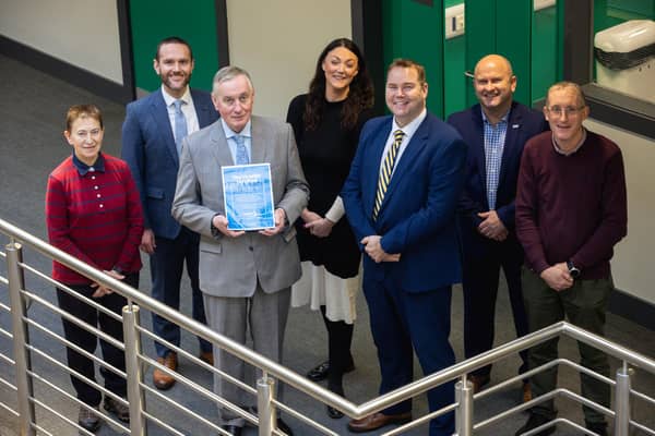 South Eastern Regional College is the first and only centre within Northern Ireland to provide CompEx industry-accredited training for those working in hazardous environments in a unique partnership with Forth Valley College in Scotland. (L – R) Carole Johnston, Department for the Economy, Alistair McKean, Forth Valley College, Ken Webb, Principal, SERC, Elaine Flynn, SERC; Colum McMurray, Forth Valley College, Alan Montgomery, CompEx and Hugh Moss, Health & Safey Executive. Pic credit: Brian Thompson