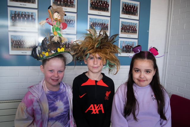 Extreme hair..Ballyoran Primary School Year 5 pupils, Betsy, Ksawery and Emily pictured on Funky Hair Friday. PT12-247.