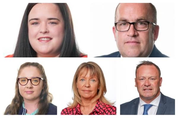 Pictured top row: Councillors Bróna Haughey and Thomas O’Hanlon. Bottom row: Councillor Jessica Johnston, Alderman Margaret Tinsley and Councillor Keith Ratcliffe. Pictures: ABC Council