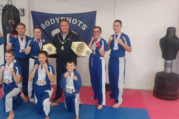 Mayor of Antrim and Newtownabbey, Cllr Mark Cooper, paid a visit to Bodyshots Kickboxing Gym to congratulate the recent winners. (Contributed).