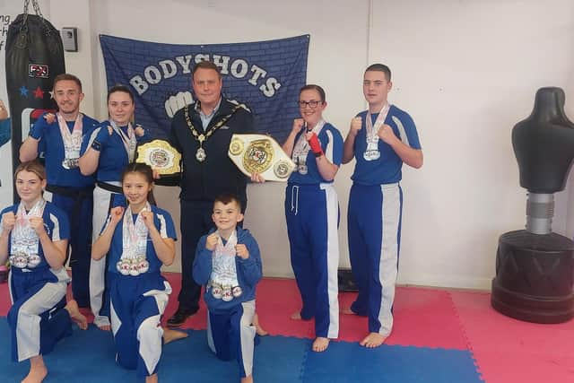 Mayor of Antrim and Newtownabbey, Cllr Mark Cooper, paid a visit to Bodyshots Kickboxing Gym to congratulate the recent winners. (Contributed).