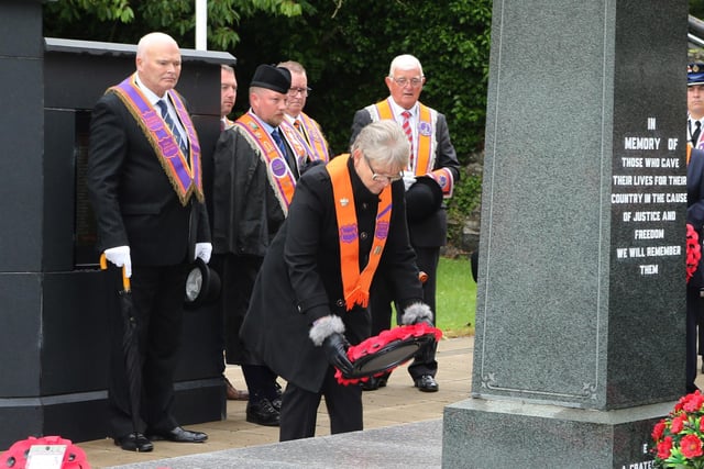 Annie Mary Dobbin laying a wreath at the Battle of the Somme commemoration parade in Dervock on Sunday morning. Credit: McAuley Multimedia