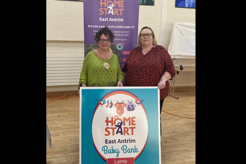 Mid and East Antrim Mayor, Alderman Gerardine Mulvenna with Home-Start East Antrim scheme manager, Kelly Taylor at the launch of the Baby Bank service in Larne.