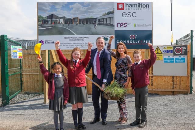 Education Minister Paul Givan officially cut the first sod for the new £9million school at Rowandale Integrated in Moira. Pic credit: Norman Briggs, rmbphotographyni