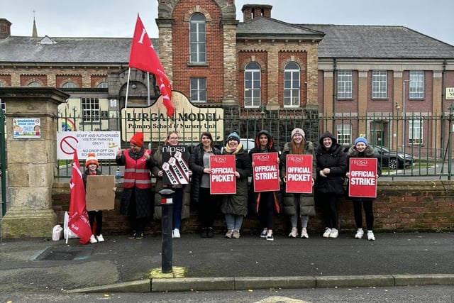 On the picket line outside Lurgan Model Primary School, Brownlow Terrace, Lurgan, Co Armagh.  Hundreds of school support staff from unions such as Unison, Unite, GMB and NIPSA joined the strike on the second day in what will be one of the biggest strikes among non-teaching unions in years. The ongoing industrial dispute is over the failure to deliver a pay and grading review to education workers as part of a negotiated resolution of the 2022 pay dispute.