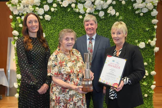 The Ellen McGowan Award for Housing 2023 was won by Windsor Place, Coagh. Pictured collecting the award is Sharon Crooks from NI Housing Executive (right) with Anna McKelvey, Head of Marketing at George Best Belfast City Airport, Doreen Muskett MBE, Chairman of the Northern Ireland Amenity Council and Best Kept Patron Joe Mahon. Credit: Brian Thompson
