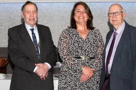 Pictured, from left, are Sam Glasgow MBE (President), Gwyneth Evans (Vice President & Principal, Cookstown High School), Norman Bell (Vice President). Credit: Submitted