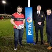 Welcoming the Carrick RFC sponsorship announcement are, from left: Gareth McKeown, club captain; Terence McCracken, club president and Brian Donaldson, CEO of Maxol.