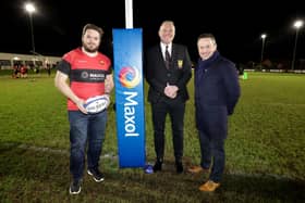 Welcoming the Carrick RFC sponsorship announcement are, from left: Gareth McKeown, club captain; Terence McCracken, club president and Brian Donaldson, CEO of Maxol.