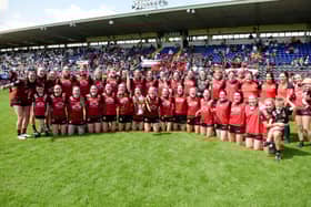 The Down senior ladies footballers celebrate winning the Ulster Intermediate final after a single point win over Monaghan at Clones last season.