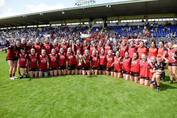 The Down senior ladies footballers celebrate winning the Ulster Intermediate final after a single point win over Monaghan at Clones last season.