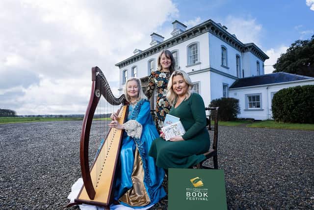 Harpist Eileen Beamish from Celtic Grace, Rosalind Mulholland from Ballyscullion Park Book Festival and NI international best-selling author Emma Heatherington. Credit: Submitted