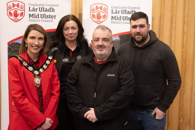 Pictured at the Civic Awards with Chair of the Council, Councillor Córa Corry, are representatives from Tyrone LGFA who won Best programme at the Ulster Gaelic Ladies Awards. Also pictured is nominating councillor, Councillor Dan Kerr.