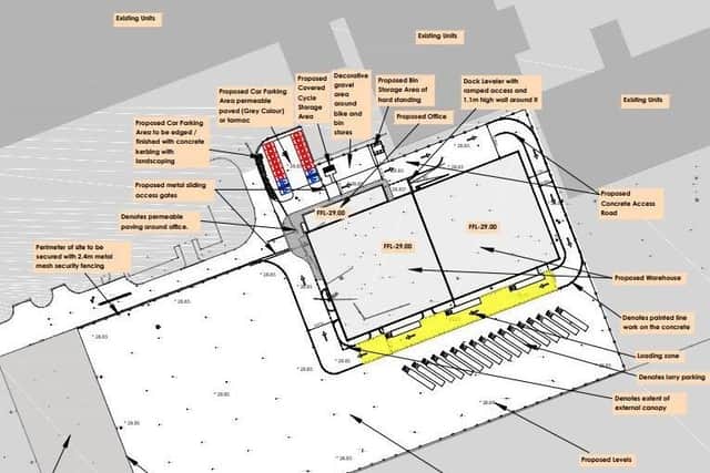 The approved facilities will include approximately 5,129m2 floorspace across two attached warehouses and office block, and a 1.4 ha storage yard. Credit: ABC planning portal