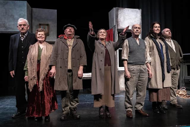 Jim Shields as 'Needle' Nugent; Beth Alexander as Maisie Madigan; Simon Hunter as Joxer Daly; Alison McCubbin as Juno Boyle; Jay Alexander as 'Captain' Jack Boyle; Claire Millar as Mary Boyle, and Evan Morrow as Johnny Boyle in Larne Drama Circle’s production of 'Juno and the Paycock'.  Photo: Paul McIlwaine LRPS