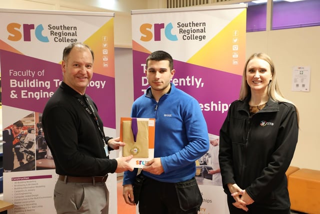Joinery student Ethan McKenna alongside CITB Director Rachel Dorovatas and SRC Curriculum Area Manager Gareth Mone. Picture: SRC