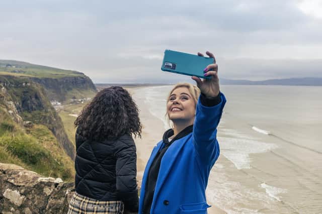 Jamie-Lee O’Donnell and Saoirse-Monica Jackson filming for Tourism Ireland’s new global campaign at Mussenden Temple.