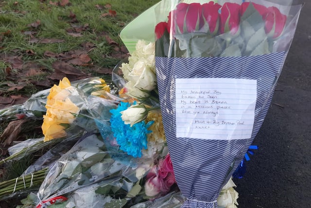 Beautiful roses left by Odhrán Kelly's mother and big brother Paul at the scene in Edward Street in Lurgan, Co Armagh.