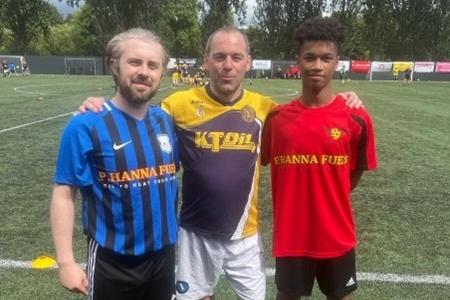 Group B Winner and Cup Runner up Patrick Hanna (Hanna Fuels FC), Group A & Cup Winner Frank Mc Cabe (Meigh Rovers) and  Fernando Egas (TMB) Group A participant at the Angela McCabe Cup tournament in Craigavon, Co Armagh.