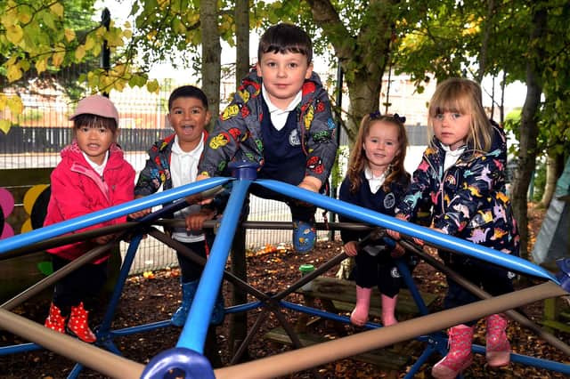 Reaching the peak of the climbing frame at Portadown Integrated Primary School Nursery Unit are pupils from left, Jenny, Zak, Corey, Olivia and Lola. PT42-311.