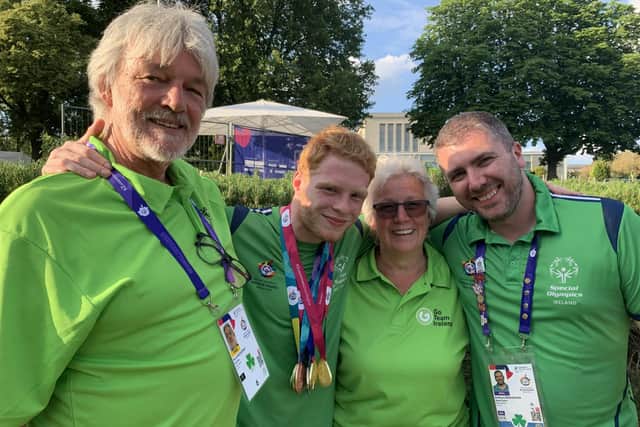 Jonathan with his parents and coach at the Special Olympics World Games in Berlin. Pic credit: Sue McCartney