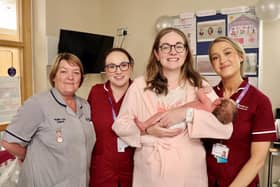 Mum Rachel Carlson with her baby boy Fintan along with South Eastern Trust, Infant Feeding Lead Midwife, Ruth Leemon, Infant Feeding Lead, Emily Moss and Maternity Support Worker, Melanie McAlpine. Pic credit: SEHSCT