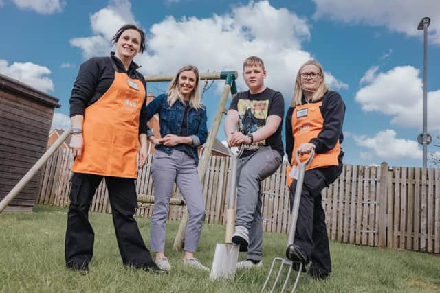 Service Manager Betty (second left) with Nathan, who’s supported by the Ferns service, and B&Q staff Jennie (left) and Janeen.
