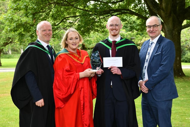 Joshua Thompson from Ballymena graduated from Loughry Campus with a First Class Honours Degree in Food Business Management. Joshua was presented with the DAERA prize as top student on his course. Joshua was congratulated by Fintan McCann (Head of Food Education, CAFRE), Dr Mary McCann (Faculty Partnership Manager, Ulster University) and Martin McKendry (Head of Food, Farming and Rural Affairs Group, DAERA) at the Higher Education Graduation Ceremony.