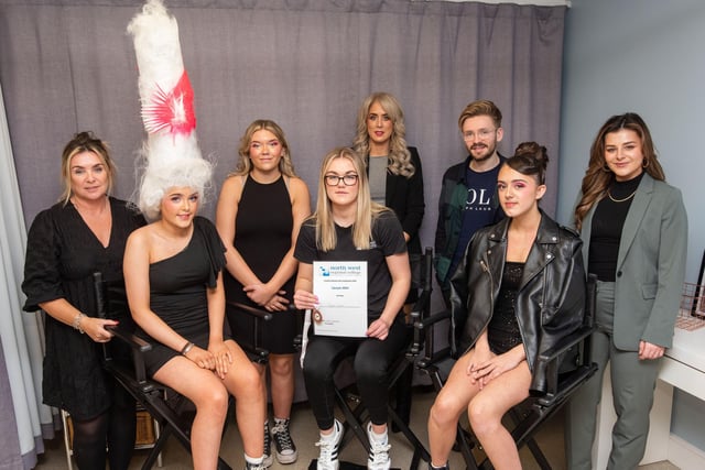 Megan Laird, fourth from left, pictured with Lecturer Joanne Cooke, models Luci Mclaughlin, Brooke Molloy, and Darcy Hunt. Also pictured are: judges Emma Bradley, Christopher Young, and Hannah McCurdy.
