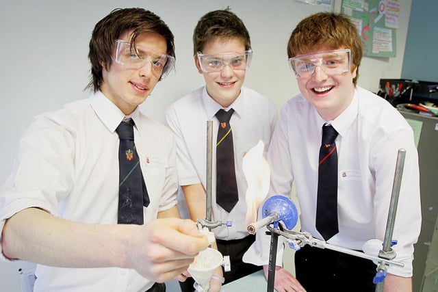 Nick Wilson, Tim Irvine and Jonathan Coalter carrying out an experiment in the biology lab during open day at Wallace High School in 2011
