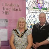 Deputy Mayor, Cllr Margaret - Anne McKillop along with daughter and son of Toye Black, Jane McCallum and Brian Connolly at the Exhibition in Coleraine Town Hall. Former Mayor of Coleraine Toye Black is featured in the exhibition.  Credit Causeway Coast and Glens Council