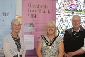 Deputy Mayor, Cllr Margaret - Anne McKillop along with daughter and son of Toye Black, Jane McCallum and Brian Connolly at the Exhibition in Coleraine Town Hall. Former Mayor of Coleraine Toye Black is featured in the exhibition.  Credit Causeway Coast and Glens Council