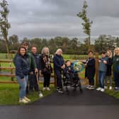 In attendance during the official opening of the new sensory area at Carnfunnock Country Park were MEA Mayor, Ald Geraldine Mulvenna; Cllr Maeve Donnelly, representatives of the Mae Murray Foundation, and MEA officers Tara McAleese (Principal Parks Officer); Lindsay Houston (Parks Dev Manager); Kerry Fokkens (Principal Parks Duty Officer); Chris Wood (Woodland Engagement Officer), and Stephen Dines (Playground Inspector).  Photo: Chris Neely