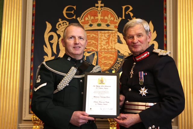 Lance Corporal David Whiteside, a prominent member of the Band of the Royal Irish Regiment, was also honoured with the Lord Lieutenant’s Certificate for Outstanding Meritorious Service Above and Beyond The Call of Duty, honoured not only for his considerable musicianship but also for his longstanding Reserve career during which he attended every Annual Camp over 15 years. Lance Corporal David Whiteside is pictured with Mr David McCorkell.