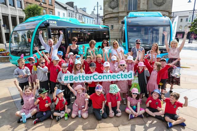 Local school pupils pictured at Translink’s Zero Emission bus preview at The Diamond, Coleraine Town Hall. Photo: Lorcan Doherty