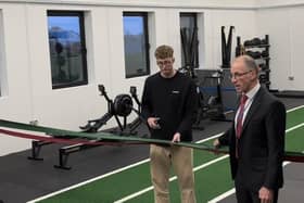 Principal Mr Dominic Clarke and Daniel Wiffen opening the new gym at St Patrick’s Grammar School, Armagh.