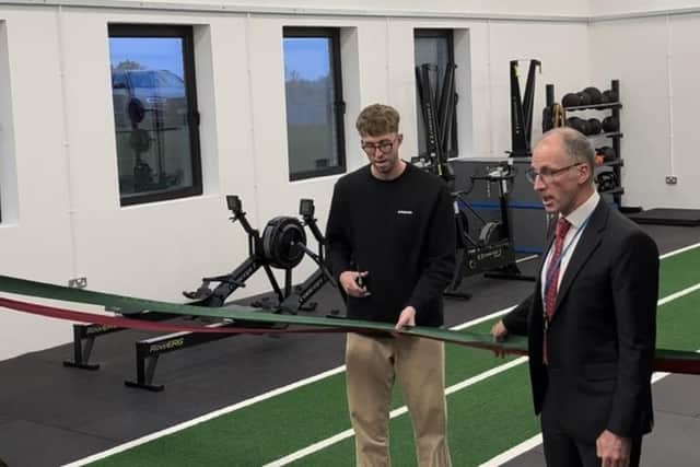 Principal Mr Dominic Clarke and Daniel Wiffen opening the new gym at St Patrick’s Grammar School, Armagh.