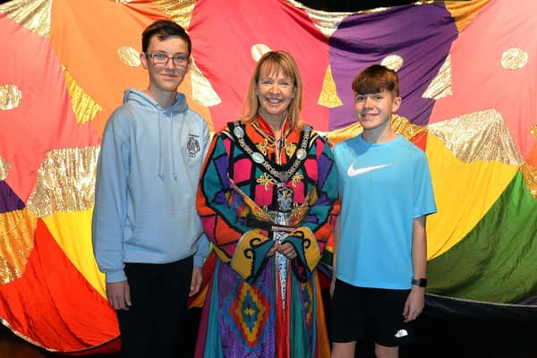 Lord Mayor of ABC Council, Alderman Margaret Tinsley pictured with Kiyan Telford, left, and Shea Fox who are alternately playing the lead role in the Junior Phoenix Players production of Joseph And The Amazing Technicolour Dreamcoat. PT32-201.