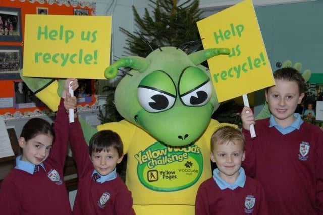 Upper Ballyboley Primary School pupils Kathryn and Samuel Wilson and Grant and Ross McCullough with 'Kirk' help launch the Yellow Woods Challenge in 2007.