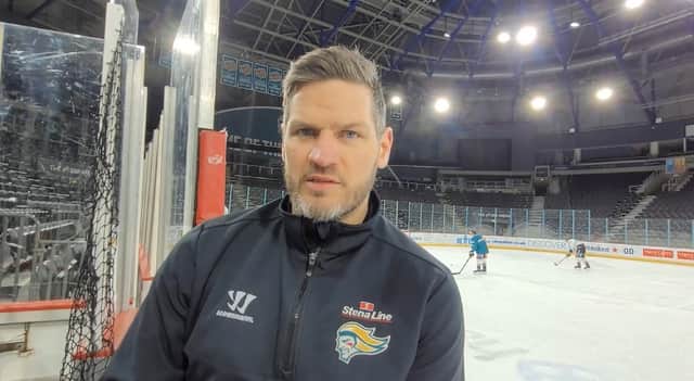 Belfast Giants' head coach Adam Keefe during practice at the SSE Arena, Belfast. Picture: Darryl Armitage