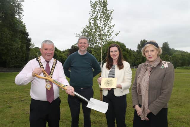 The Mayor of Causeway Coast and Glens Borough Council, Councillor Ivor Wallace alongside Noel Davoren from Councils estates team, Lord Lieutenant for Co Londonderry Alison Millar and Deputy Lord Lieutenant for Co Londonderry, Leona Kane as the new Coronation Tree is planted in the grounds of Cloonavin.