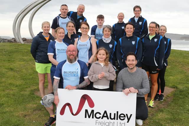 Ballycastle Runners Chairman Michael Stewart is encouraging all running enthusiasts to register for the Marconi Run which takes place in Ballycastle at 10am on Sunday 25 May. All participants will receive a bespoke medal designed especially for the occasion. He is pictured with Aaron McAuley from McAuley Freight, principal sponsor of the event. CREDIT MCAULEY MULTIMEDIA