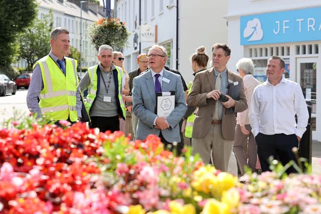 Noel Davoren, Council’s Estates Manager joins some of his team and Britain in Bloom judges Rae Beckwith and Roger Burnett as they review Coleraine’s displays. Credit McAuley Multimedia