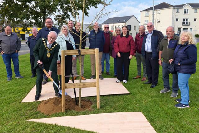 Mayor Thomas Gordon and Helen Clarke of Carrickfergus Historical Society, together with other members of the society and locals plant a tree in commemoration of Elizabeth Hutchinson Jackson, mother of the 7th President of America, Andrew Jackson. Photo: MEABC