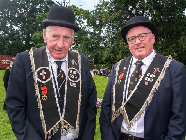 Posing for the camera at Scarva on Saturday are Sir Knights, Robert Graham and Winston McConville, both from RBP 323, Donaghmore, Newry. TH 114.