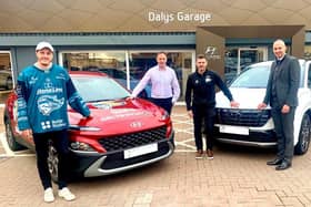 Daly’s Hyundai have been announced as the official car partner of the Stena Line Belfast Giants for the 2022/2023 season. Pictured outside Daly’s Hyundai are, from left to right, Mark Cooper, Belfast Giants forward, Daniel Daly, sales manager at Daly’s Hyundai, Adam Keefe, head coach of the Belfast Giants, and Kevin Daly, sales manager at Daly’s Hyundai
