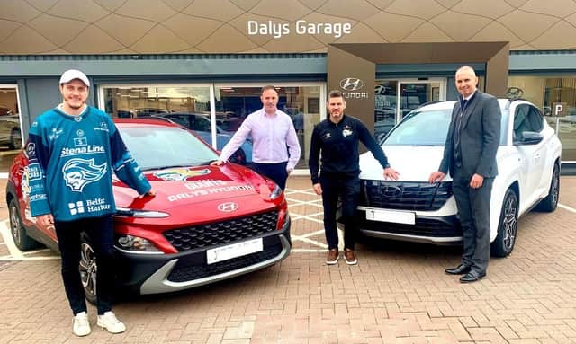 Daly’s Hyundai have been announced as the official car partner of the Stena Line Belfast Giants for the 2022/2023 season. Pictured outside Daly’s Hyundai are, from left to right, Mark Cooper, Belfast Giants forward, Daniel Daly, sales manager at Daly’s Hyundai, Adam Keefe, head coach of the Belfast Giants, and Kevin Daly, sales manager at Daly’s Hyundai