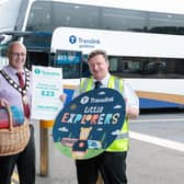 Chair of Mid Ulster District Council, Councillor Dominic Molloy, joins Mark Ferran from Translink’s Dungannon Bus Centre to encourage people across Mid Ulster to get out and explore more by bus. Credit: Matt Mackey