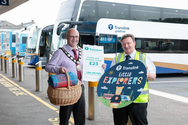 Chair of Mid Ulster District Council, Councillor Dominic Molloy, joins Mark Ferran from Translink’s Dungannon Bus Centre to encourage people across Mid Ulster to get out and explore more by bus. Credit: Matt Mackey