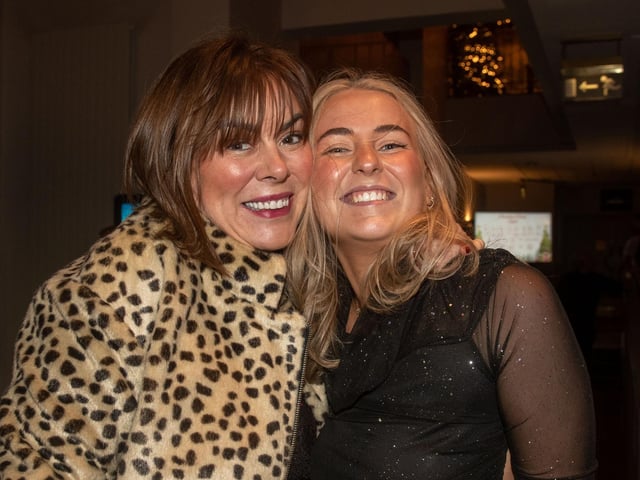 Getting into the festive mood at the Seagoe Hotel party night on Saturday are Simone Revels and Zoe Kirkpatrick from Escapades Hair Salon, Moira. PT50-269.